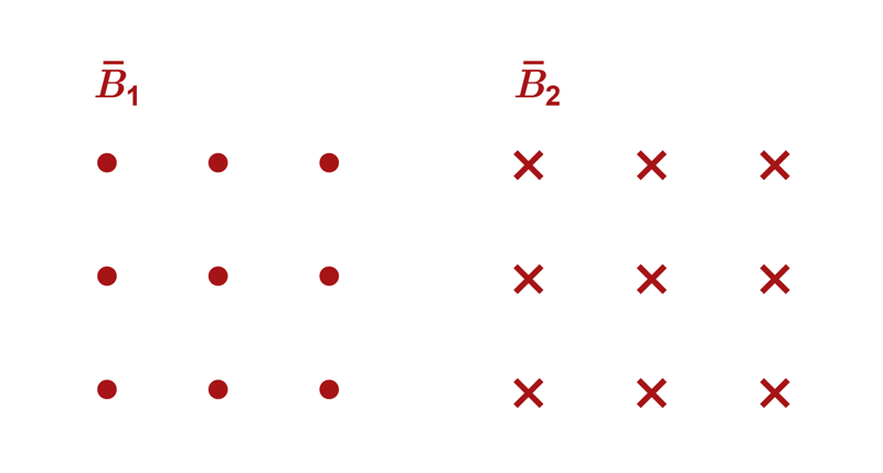 Illustration of two magnetic fields: B1 (dots) and B2 (crosses).