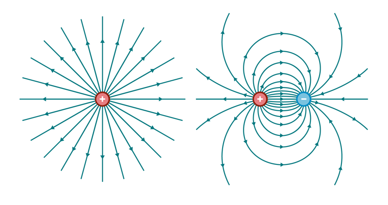 Illustrations of the electric fields of a single positive particle (straight lines emanating from the particle) and a positive and negative particle (curved lines travelling between the two poles).