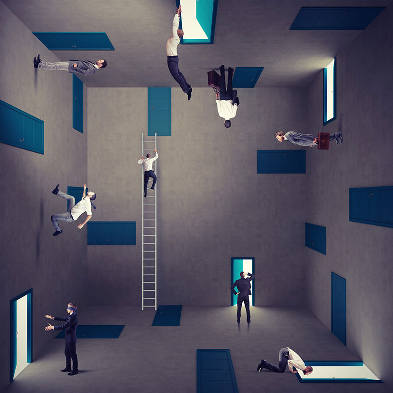 An illustration of a room where the rules of gravity are not working. People are running on the walls and standing upside down.