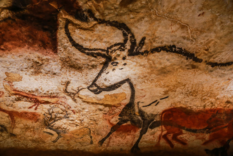 A photograph of a cave painting of a bull.