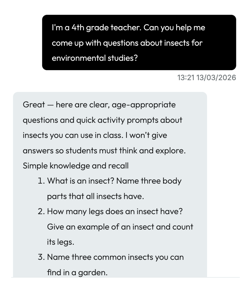 A screenshot from a teacher's OpiqGPT chat.