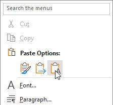 A screenshot from Microsoft Word, showing different Copy and Paste options.