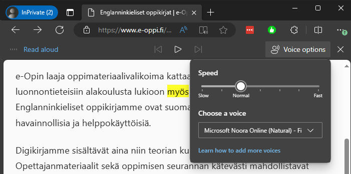 A screenshot from Microsoft Edge, showing the read aloud tool.