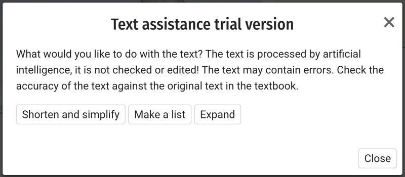 A screenshot from Opiq, showing the pop-up view of the text assistance tool.