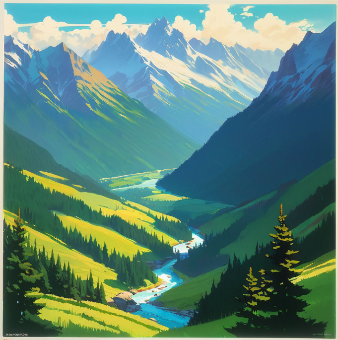 An example of a landscape illustration made using an AI image generation tool. The picture shows a valley between mountains. This example was made using Playground.