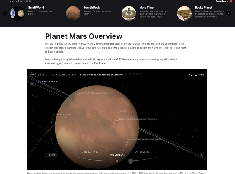 A screenshot of the NASA website, showing an overview of the planet Mars.
