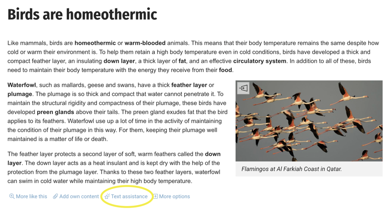 A screenshot of a text section in Opiq, with the text assistance tool at the end of the section highlighted in yellow.
