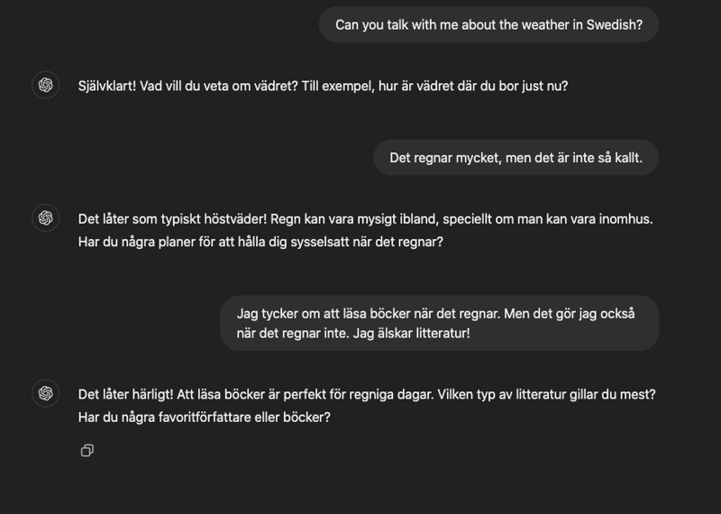 A screenshot from ChatGPT. A discussion with ChatGPT about the weather in Swedish.