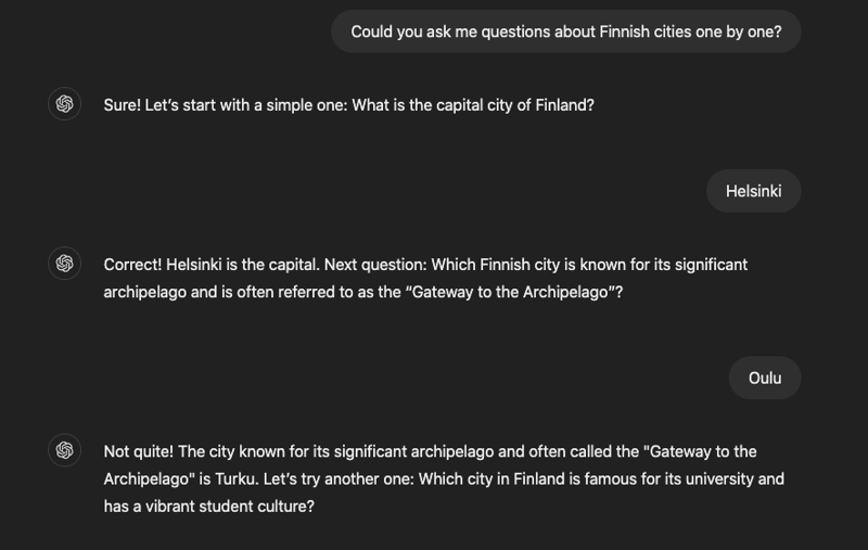 A screenshot from ChatGPT. ChatGPT asks questions one at a time. This way, the student can review the topic on his/her own.