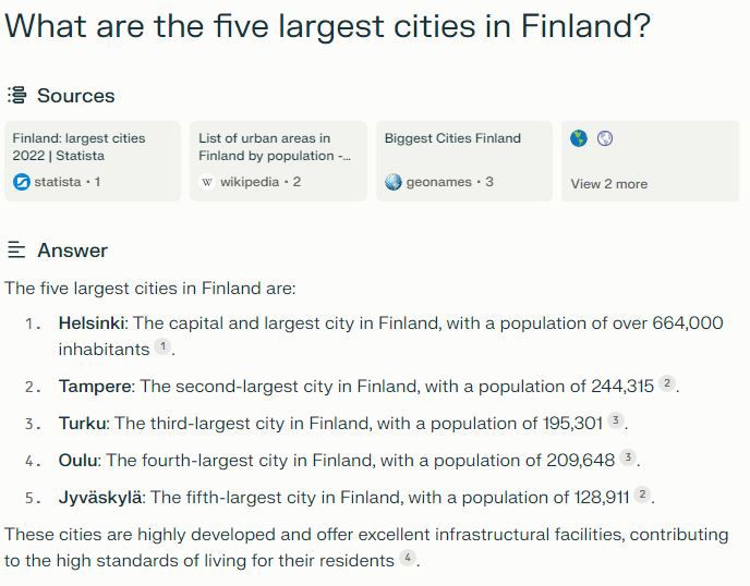 A screenshot from Perplexity. The answer to the question "What are the five largest cities in Finland?" is given by Perplexity
