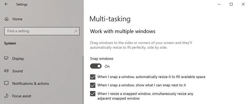 A screenshot from Windows showing the Multi-tasking settings view.