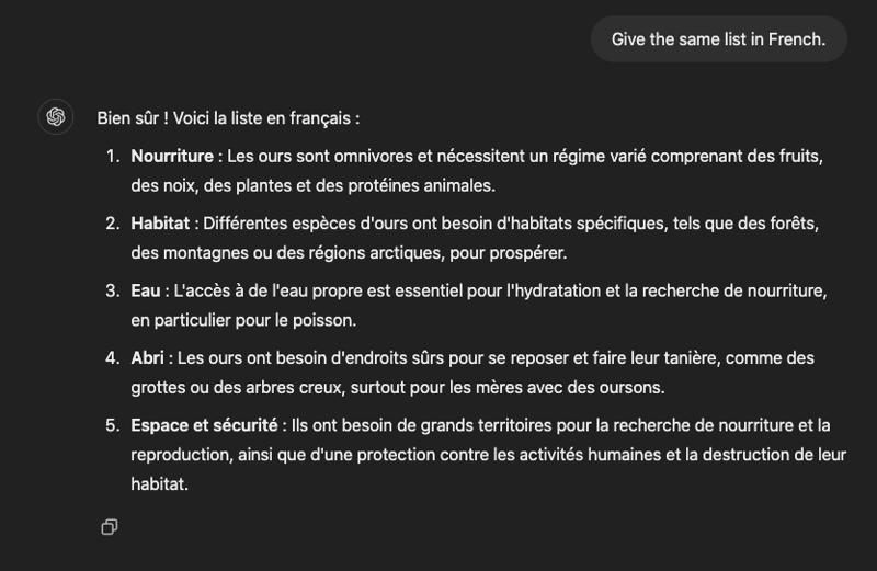 A screenshot from ChatGPT, showing the answer to the prompt "Give the same list in French."