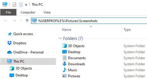 A view of the default screenshot folder in Windows.