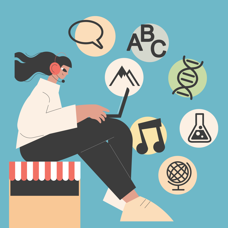 An illustration of a student using a computer and AI tools to chat, learn, create and explore the world.