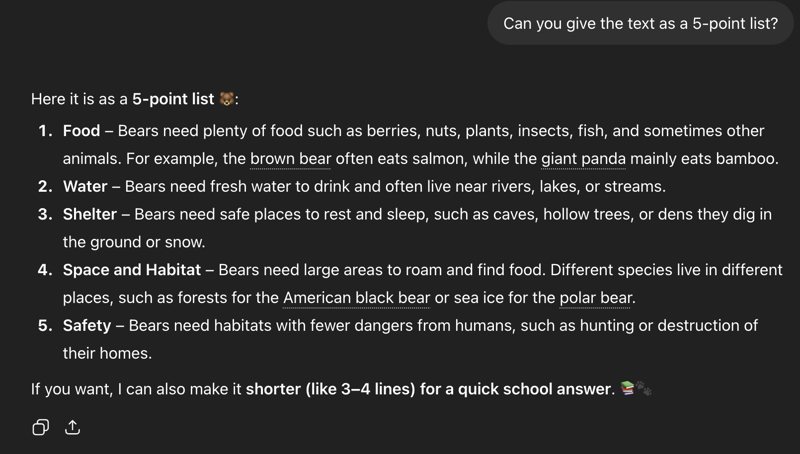 A screenshot from ChatGPT, showing the application's answer to the question "Can you give the text as a 5-point list?"