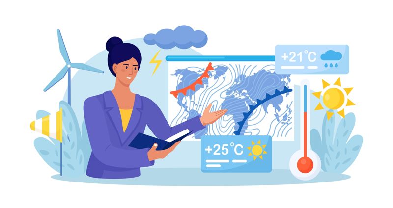 Illustration of a meteorologist and different meteorological symbols including temperature, low and high pressure fronts, wind, sun and storms.
