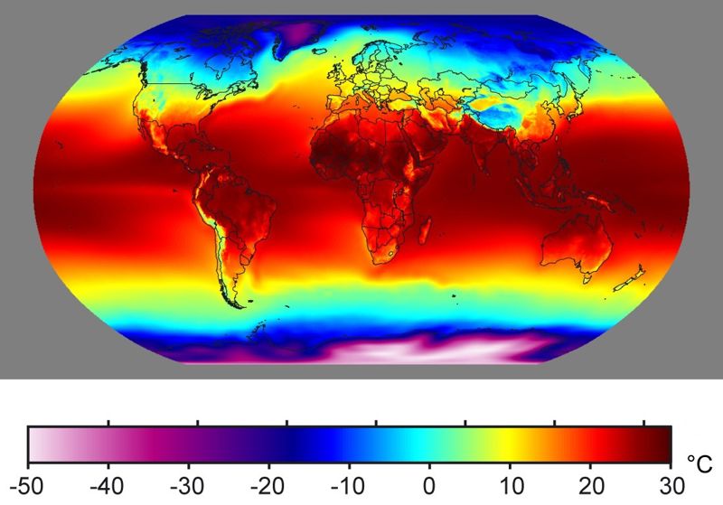 A map of the world showing the average temperatures in different areas with different colours. From the map, we can see that areas near the equator are much warmer than areas near the poles.