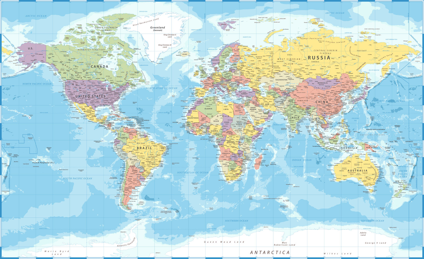 A detailed map of the world with countries marked in different colours.