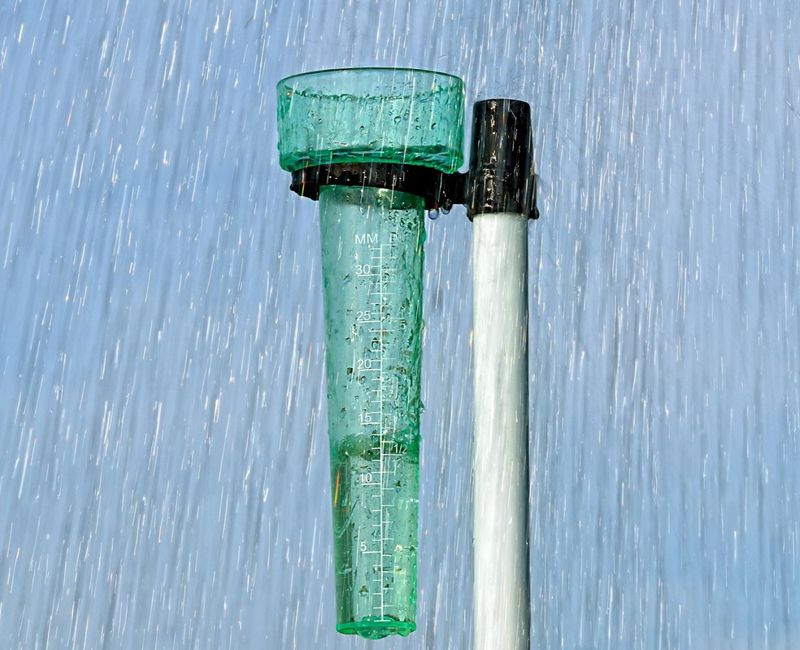 Photograph of a precipitation meter or rain gauge on a rainy day.